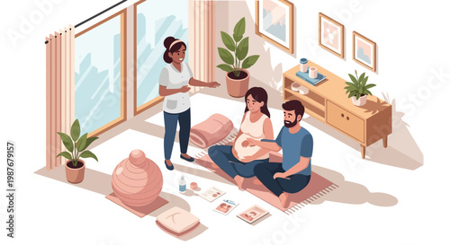 Isometric vector art celebrates the midwifery profession, depicting a midwife assisting a pregnant woman and her partner in a warmly lit home setting, symbolizing the vital role of midwives