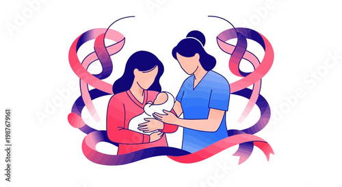 A midwife tenderly hands a newborn baby to its mother in a colorful vector illustration, celebrating the midwifery profession and International Midwives' Day with a caring and supportive
