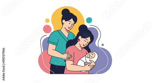 Celebrating International Midwives' Day with a colorful vector illustration depicting a midwife lovingly caring for a newborn baby, showcasing the vital role of the midwifery profession