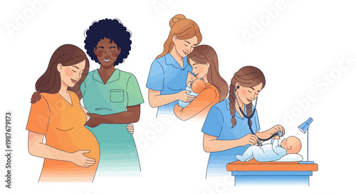 A diverse group celebrates International Midwives' Day with a colorful vector illustration depicting midwives and pregnant women in various caring scenarios against a clean white