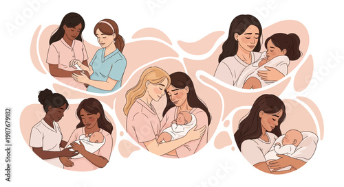 A heartwarming vector illustration celebrates the midwifery profession, depicting diverse midwives tenderly caring for newborns and mothers in a soft color palette, set against a gentle