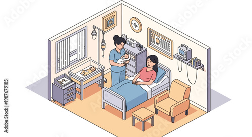 Isometric illustration for International Midwives' Day showing a midwife gently holding a newborn baby beside a mother resting in a hospital bed, set in a bright and clean room
