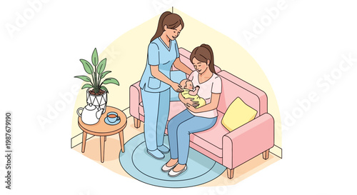 A midwife character, depicted in a vector illustration, provides care for a mother and newborn baby on a pink couch in a celebration of International Midwives' Day in a minimalist style