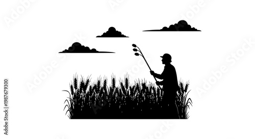 Farmer Silhouette in Wheat Field During Harvest Vector