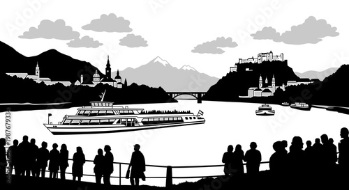 Salzburg Austria Skyline and River Cruise Vector Illustration