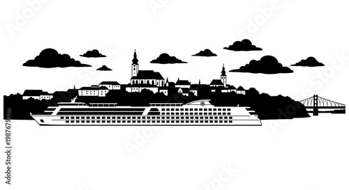 European River Cruise Ship Silhouette with City Skyline and Bridge