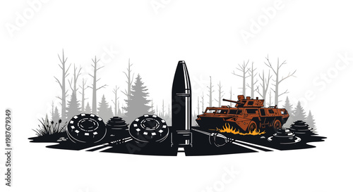 Military Armored Vehicle and Landmines in Forest Vector Illustration