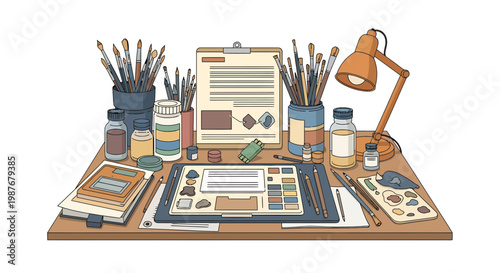 Artist Workspace Illustration with Brushes Tablet and Paint