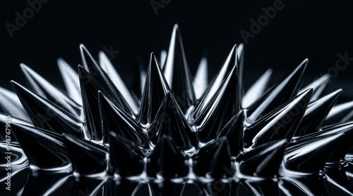 Macro view of black magnetic ferrofluid forming sharp spikes and geometric patterns under magnetic field for science and physics technology concept