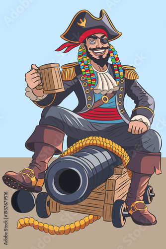 Colorful pirate captain sitting on cannon with mug vector illustration