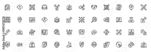 Music Streaming icon set. Vector icons pack for digital music services. Includes album, download, headphones, smartphone, cloud, player, browser and more. Editable stroke.