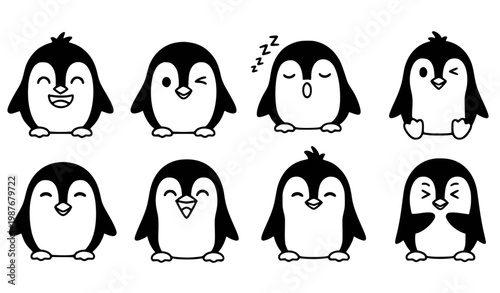 Six cute penguin icons different expressions black white vector