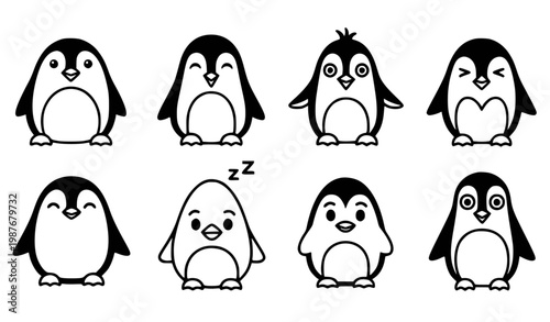 Six unique penguin icons cute black white vector set