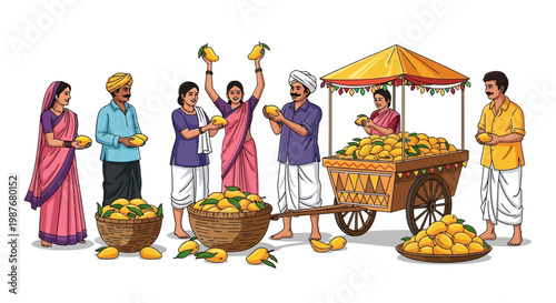 Illustration of an Indian mango market during the mango harvest in India showing farmers and vendors near a wooden cart overflowing with fresh, ripe Alphonso mangoes, set against a clean
