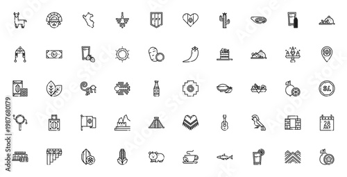Peru icon set. Vector illustrations of Llama, Machu Picchu, Ceviche, Nazca lines, Inca symbols and more. Editable thin line icons.