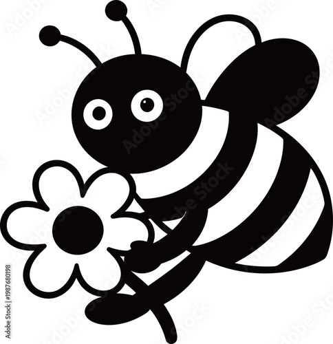 A cartoon bee holding a flower, depicted in black and white with simple lines and bold stripes.