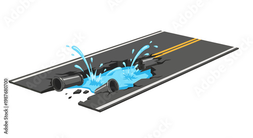 Vector Illustration of Water Main Burst Under Broken Road Surface