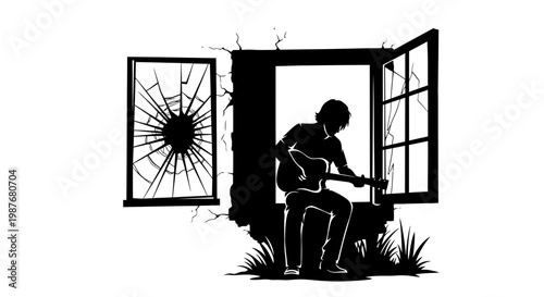 Man Playing Guitar Silhouette in Broken Window Illustration