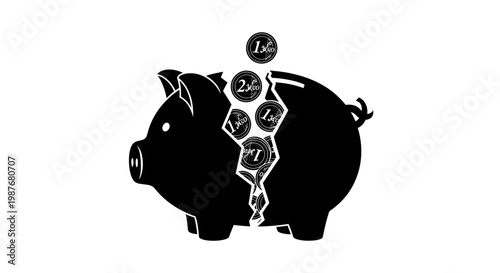 Broken Piggy Bank Silhouette with Euro Coins Illustration