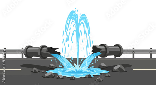 Broken Water Pipe Bursting on City Road Vector Illustration