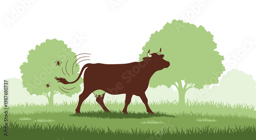 Silhouette of a cow swishing its tail in a green pasture vector