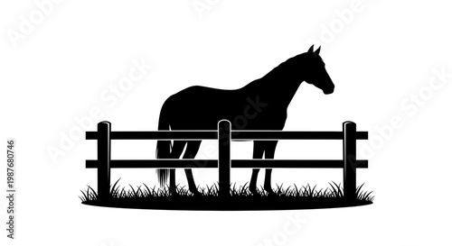 Horse Silhouette Standing Behind Fence in Pasture Vector Art