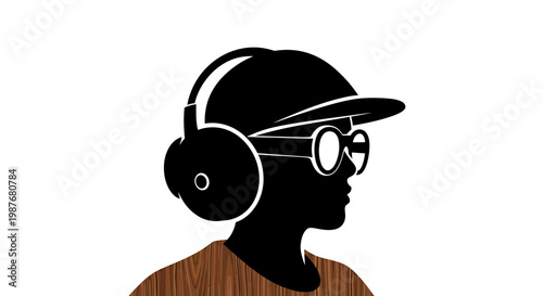Modern Silhouette Profile of Person with Headphones and Cap