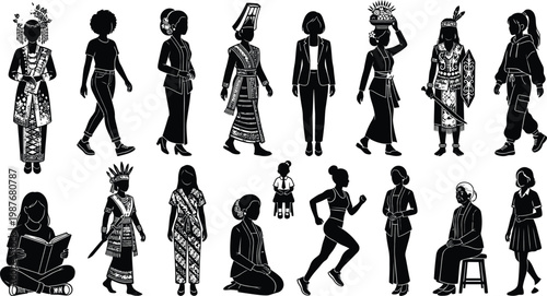 Dynamic graphic vector silhouettes featuring a diverse array of women in traditional cultural attire and contemporary active lifestyles, symbolizing female strength, varied roles, and empowerment