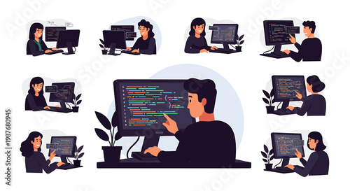 Software Developers Coding at Computers Vector Illustration Set
