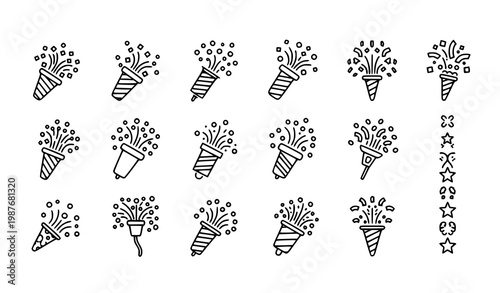 Confetti popper icon collection celebration outline symbols editable stroke vector line pack