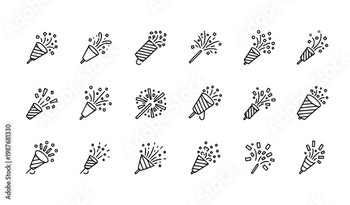 Confetti popper line icons set celebration party outline symbols editable stroke vector collection
