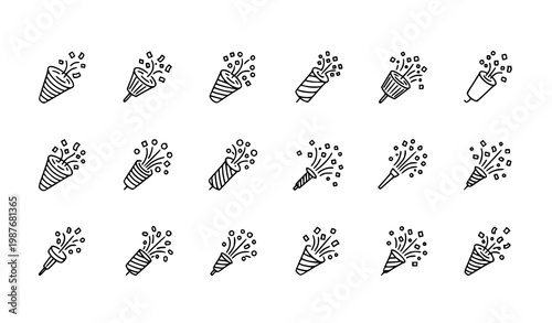 Confetti popper icons set celebration outline vector symbols editable stroke party collection
