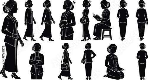 Elegant Collection of Traditional Indonesian Women Silhouettes in Various Poses, Showcasing Graceful Cultural Attire and Authentic Heritage