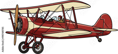 Red vintage biplane airplane side view vector illustration with propeller and open cockpit design