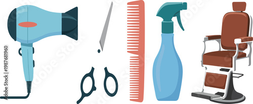 Barbershop and hairdresser tools set with hairdryer, scissors, comb, spray bottle and barber chair, flat cartoon vector illustration