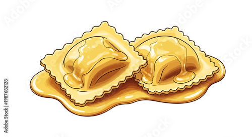 Italian Ravioli Pasta Vector Illustration with Yellow Sauce
