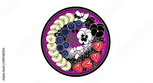 Healthy Acai Berry Smoothie Bowl with Fruit Illustration