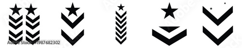 Military Rank Badge Icon Set – Editable Stroke Chevron Emblems in Simple Flat Line Vector Style	