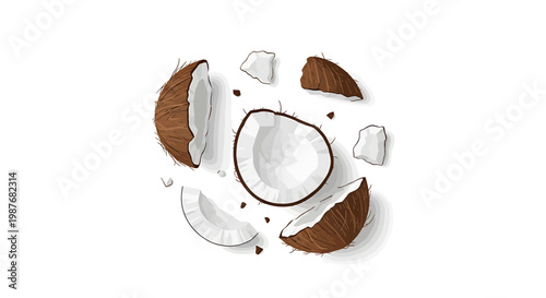 Vector illustration of cracked coconut pieces on white background