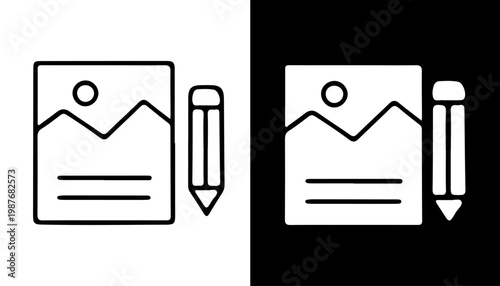 Contrast of Creation: A minimalist illustration features a sketch pad, a mountain landscape, and a pencil, emphasizing the creative process, ideas.