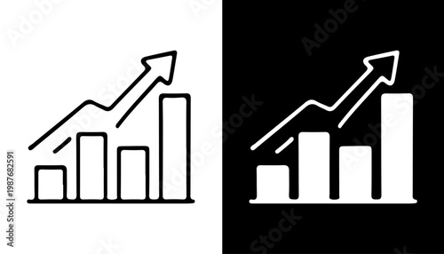 Business Growth Bar Graph: A modern line art illustration showcases an upward trending bar graph with an arrow, symbolizing business growth and financial progress.