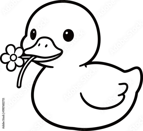 Simple line drawing of a cartoon duck holding a flower in its beak