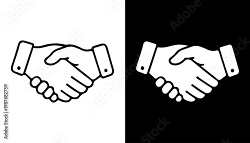 Handshake Icon: A minimalist illustration of two hands clasped in a handshake, set against both a stark black and white backdrop, symbolizing agreement and collaboration.