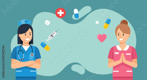 Two Smiling Female Nurses in Blue and Pink Uniforms Gesturing with Medical Icons for International Nurses Day Banner in Flat Vector Style