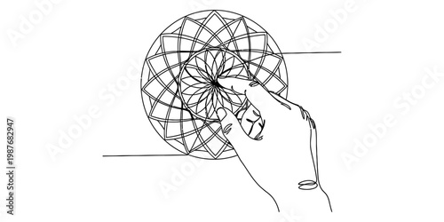 A hand touching a circular geometric mandala design with intersecting lines and detailed patterns