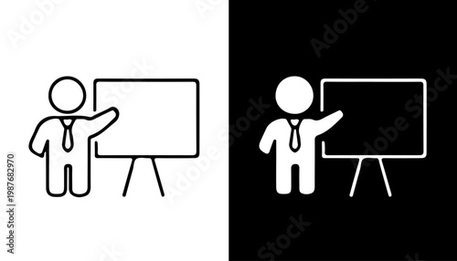 Presentation Icon: Two minimalist presentation icons, one in black and white, the other in white and black, showcase a speaker, a suit-and-tie presenter, and a whiteboard or flipchart.