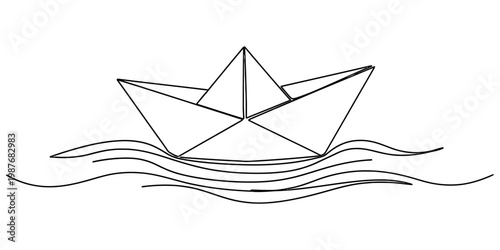 Tableau sur toile A simple black and white line drawing of a classic origami paper boat floating o