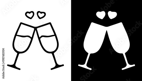 Cheers to Love: A minimalist, high-contrast illustration featuring two champagne flutes clinking together, hearts floating above, symbolizing love, celebration, and unity.