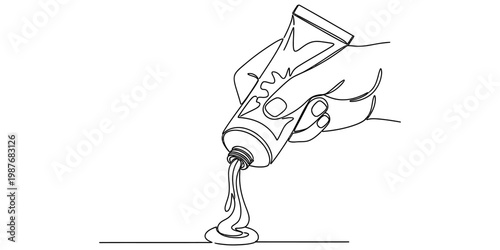 A simple black and white line drawing of a human hand squeezing a tube to dispense some product