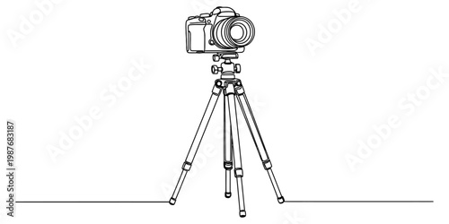 A simple black and white line drawing of a professional dslr camera mounted on a tall tripod base.